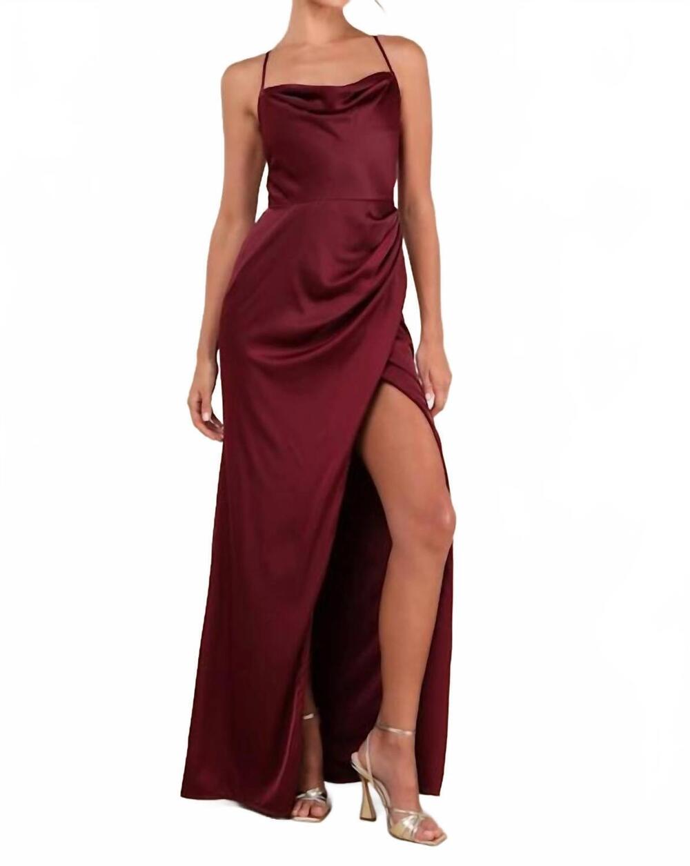 NEW LULUS moments of beauty satin cowl neck tulip maxi dress in plum purple